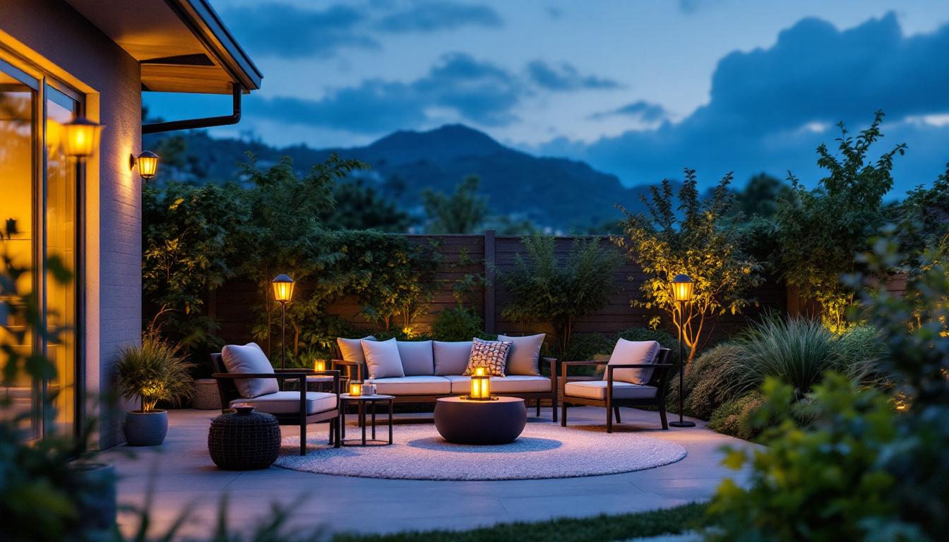 A photograph of a beautifully arranged outdoor patio scene at dusk