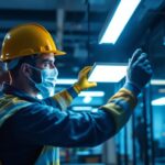 A photograph of a lighting contractor expertly installing led light panels in a modern workspace