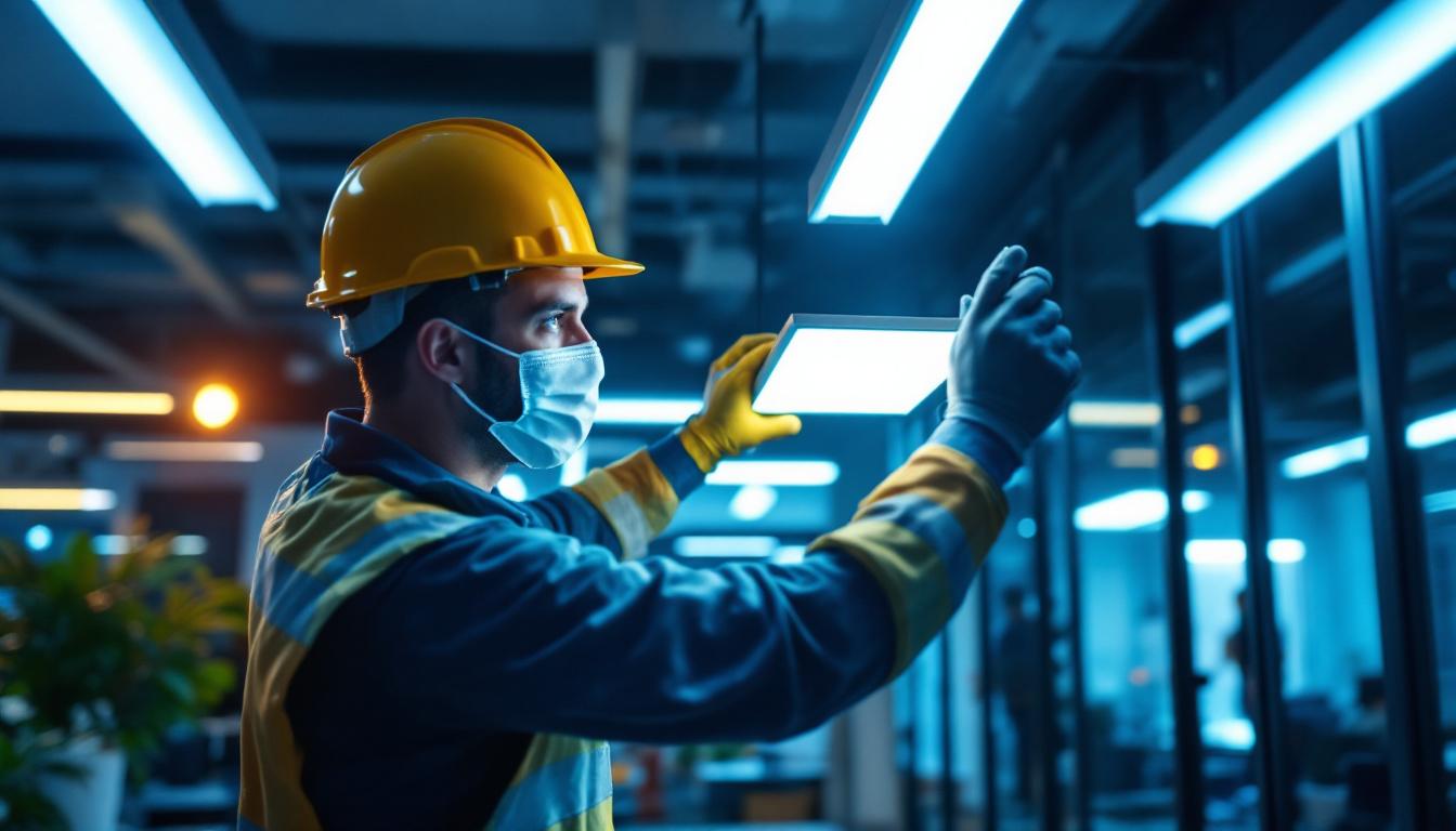 A photograph of a lighting contractor expertly installing led light panels in a modern workspace