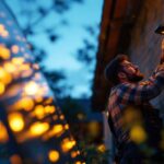 A photograph of a skilled lighting contractor installing large solar lights in an outdoor setting
