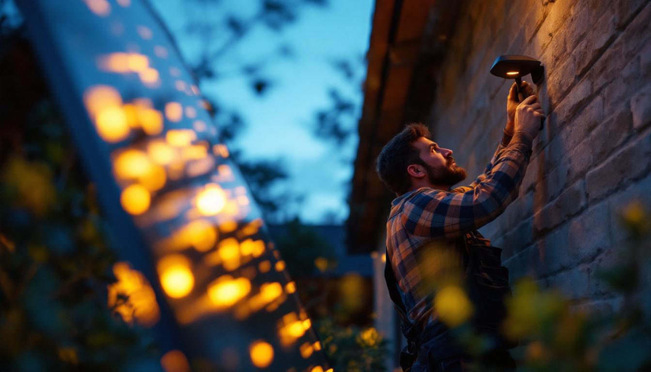 A photograph of a skilled lighting contractor installing large solar lights in an outdoor setting
