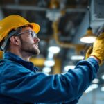 A photograph of a skilled technician safely installing lighting fixtures in a commercial setting
