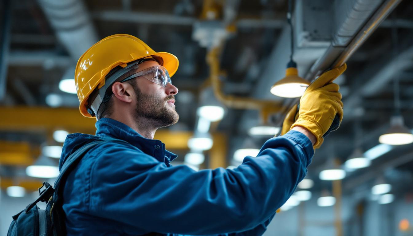 A photograph of a skilled technician safely installing lighting fixtures in a commercial setting