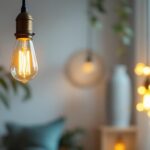 A photograph of a beautifully styled vintage led light fixture illuminated in a cozy