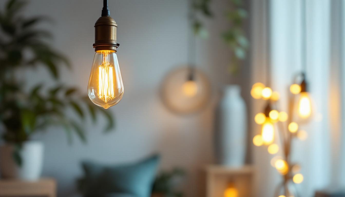 A photograph of a beautifully styled vintage led light fixture illuminated in a cozy