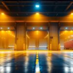 A photograph of a brightly lit loading bay featuring various dock lights in use