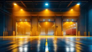 A photograph of a brightly lit loading bay featuring various dock lights in use