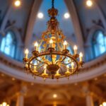A photograph of a beautifully designed church chandelier illuminated by warm