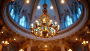 A photograph of a beautifully designed church chandelier illuminated by warm