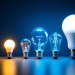 A photograph of a side-by-side comparison of various light bulbs displaying different brightness levels