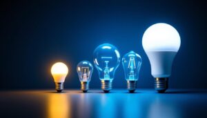 A photograph of a side-by-side comparison of various light bulbs displaying different brightness levels