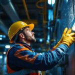 A photograph of a lighting contractor installing vapor tight led lights in a commercial or industrial setting