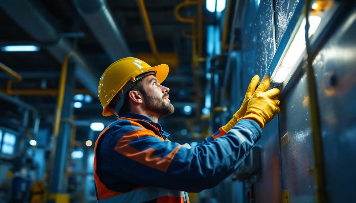 A photograph of a lighting contractor installing vapor tight led lights in a commercial or industrial setting