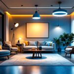 A photograph of a stylishly designed interior space featuring various dimmable led lighting fixtures in use