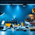 A photograph of a well-lit workspace featuring a variety of led canister lights installed in different settings