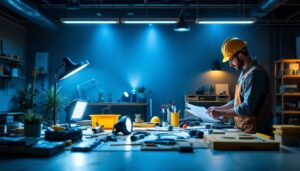 A photograph of a well-lit workspace featuring a variety of led canister lights installed in different settings