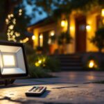 A photograph of a solar-powered flood light illuminating a beautifully landscaped outdoor space at dusk