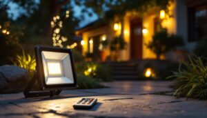 A photograph of a solar-powered flood light illuminating a beautifully landscaped outdoor space at dusk