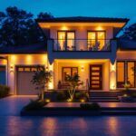 A photograph of a beautifully illuminated outdoor space featuring stylish led lights on a house