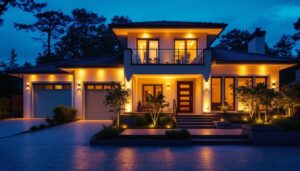 A photograph of a beautifully illuminated outdoor space featuring stylish led lights on a house