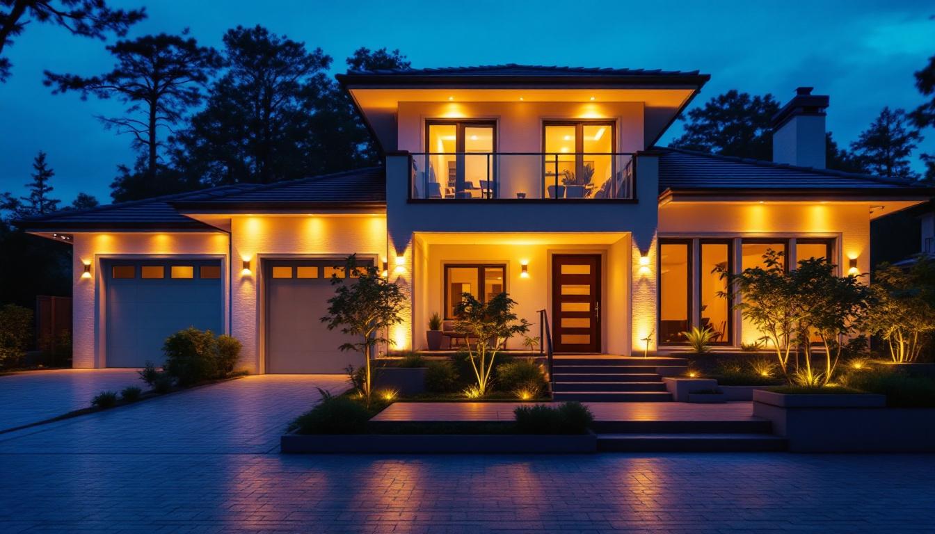 A photograph of a beautifully illuminated outdoor space featuring stylish led lights on a house