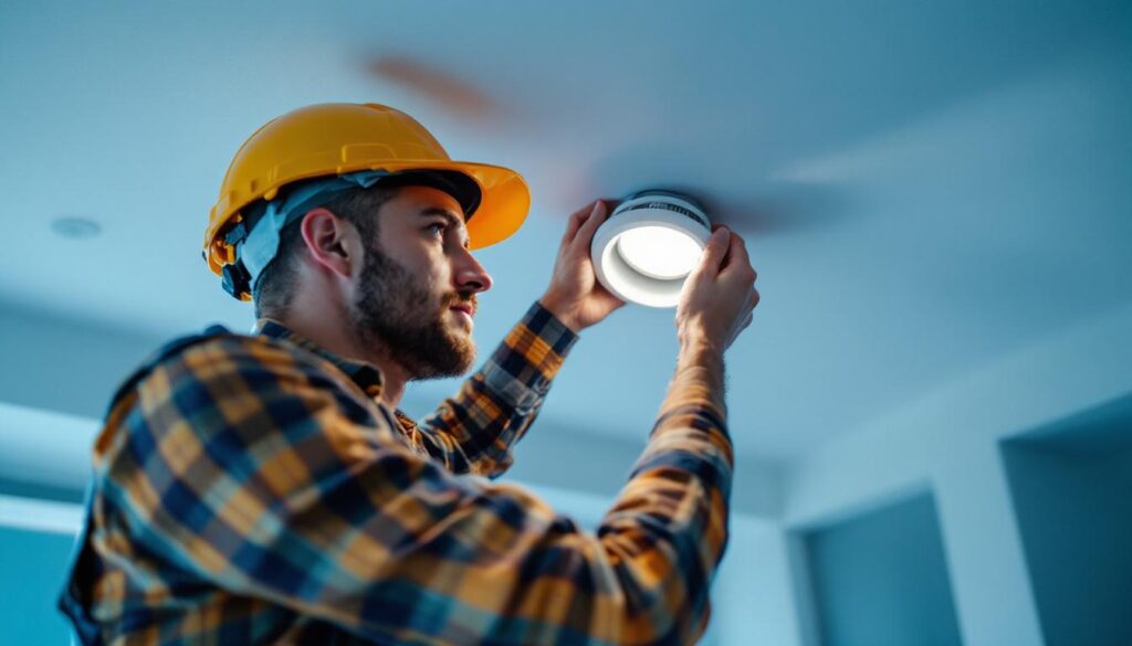 A photograph of a skilled lighting contractor carefully installing a 4-inch recessed light in a ceiling