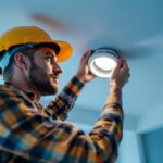 A photograph of a skilled lighting contractor carefully installing a 4-inch recessed light in a ceiling