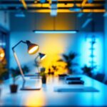 A photograph of a modern workspace featuring t8 lamps in use