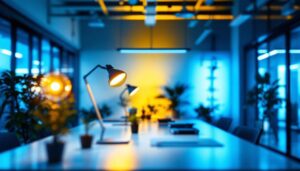 A photograph of a modern workspace featuring t8 lamps in use