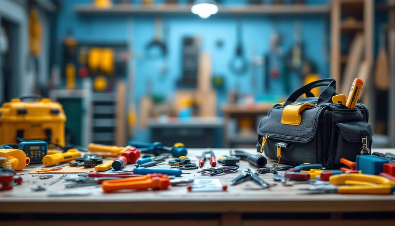 A photograph of a well-organized electrical tools kit spread out on a workbench