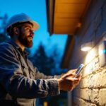A photograph of a lighting contractor installing an outdoor lighting sensor in a residential setting during twilight