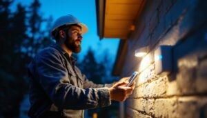 A photograph of a lighting contractor installing an outdoor lighting sensor in a residential setting during twilight