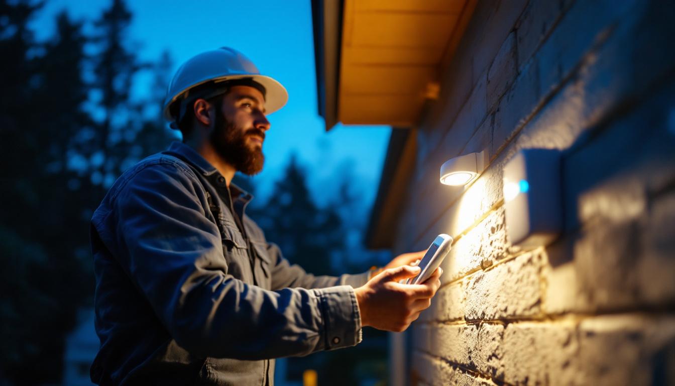 A photograph of a lighting contractor installing an outdoor lighting sensor in a residential setting during twilight