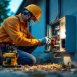 A photograph of a lighting contractor carefully inspecting an exterior light electrical box