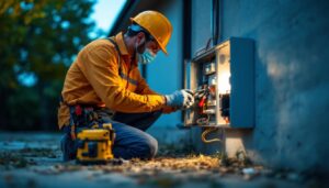 A photograph of a lighting contractor carefully inspecting an exterior light electrical box