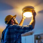 A photograph of a skilled lighting contractor expertly replacing a traditional flush mount light fixture with a modern led version