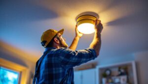 A photograph of a skilled lighting contractor expertly replacing a traditional flush mount light fixture with a modern led version