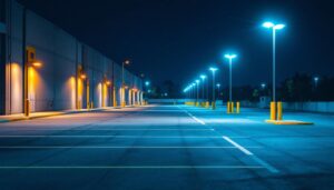 A photograph of a well-lit parking lot showcasing various led lighting fixtures in use