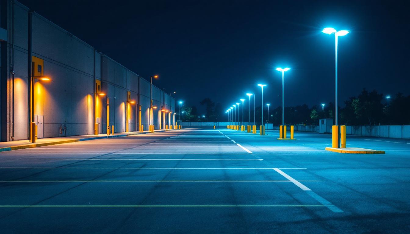 A photograph of a well-lit parking lot showcasing various led lighting fixtures in use