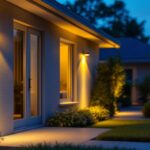 A photograph of a well-lit outdoor space featuring motion sensor lighting fixtures in action