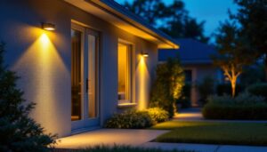 A photograph of a well-lit outdoor space featuring motion sensor lighting fixtures in action