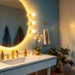 A photograph of a beautifully styled bathroom or vanity area featuring an array of inexpensive yet stylish vanity lights