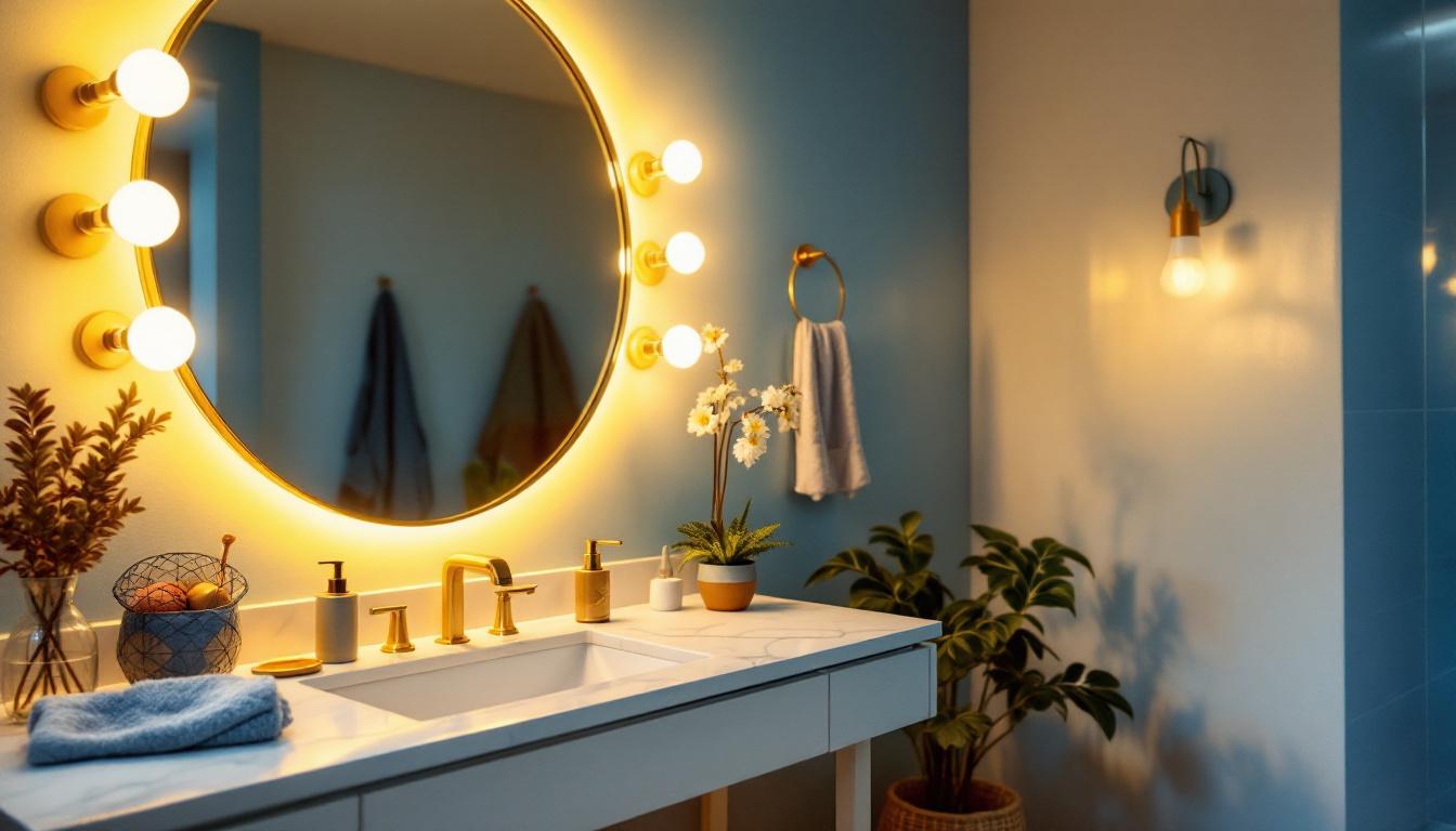A photograph of a beautifully styled bathroom or vanity area featuring an array of inexpensive yet stylish vanity lights