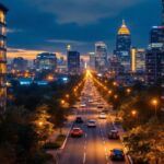 A photograph of a beautifully illuminated urban landscape at dusk