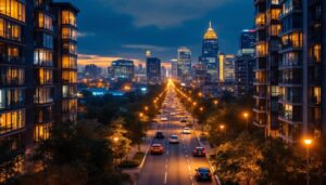 A photograph of a beautifully illuminated urban landscape at dusk
