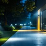 A photograph of a well-lit outdoor space showcasing various led security lights in action