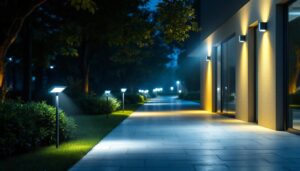 A photograph of a well-lit outdoor space showcasing various led security lights in action
