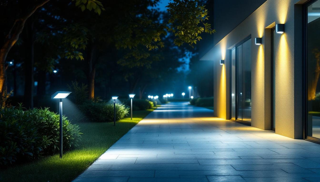 A photograph of a well-lit outdoor space showcasing various led security lights in action