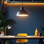 A photograph of a stylish office space featuring a modern pendant light as the focal point