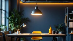 A photograph of a stylish office space featuring a modern pendant light as the focal point